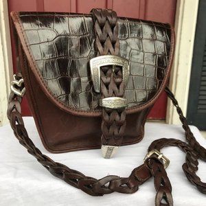 Vintage Brighton Leather Alligator Embossed Black Brown Shoulder Handbag Purse